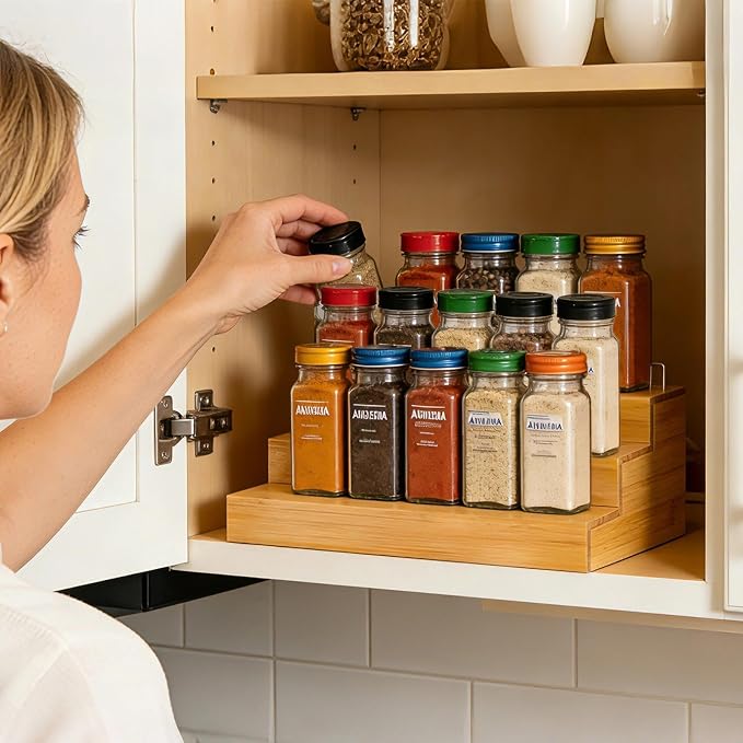 Spice Rack Organizer for Cabinet - 2PCS 11.8in Bamboo Spice Shelf | 3 Tier Seasoning Organizer for Countertop, Kitchen, Pantry - Apply to Standard Spice Jars, Vitamin Bottles, Sauce Cans - Image 2