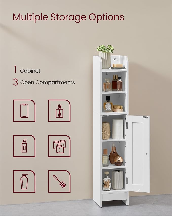 VASAGLE Small Storage Corner Floor Cabinet with Door, 7.9 x 7.1 x 36.2 Inches, Narrow Toilet Paper Storage Holder, Adjustable Shelves, for Bathroom, Living Room, Small Spaces, Cloud White UBBC311W01 - Image 4