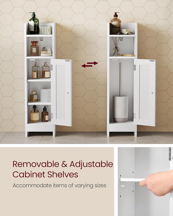 VASAGLE Small Storage Corner Floor Cabinet with Door，Cloud White | Narrow Toilet Paper Storage Holder, 7.1 x 7.5 x 31.5 Inches, Adjustable Shelves, SIREN Collection UBBC310W01 - Image 5