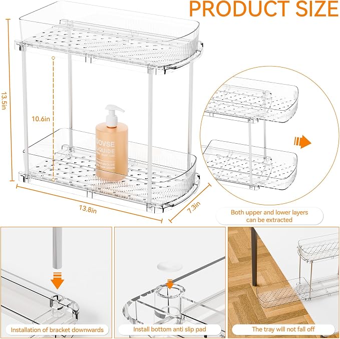 2 Pack 13.8″ Deep 2 Tier Under Sink Storage Organizer,Large Pull Out Bathroom Organizers and Storage,Slide Out Acrylic Undersink Storage Shelf,Kitchen Under Sink Organizer for Cleaning Products - Image 3