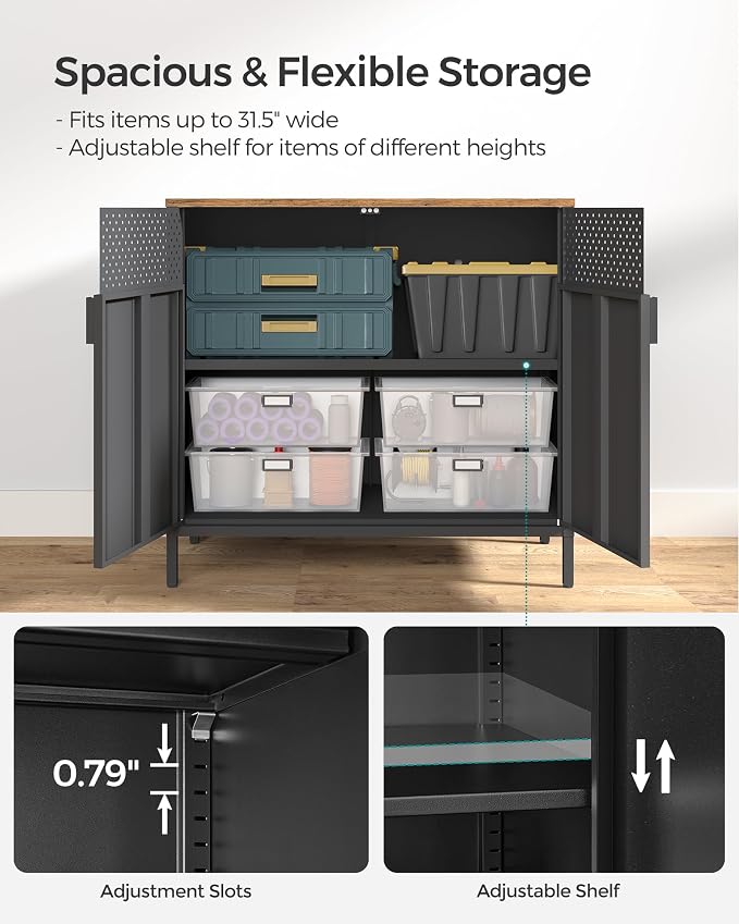SONGMICS Storage Cabinet, Sideboard with Adjustable Shelves | 31.5-Inch Metal Cabinet, Magnetic Closure, Steel Frame, Black, BRAVON Collection ULSC102B01 - Image 5