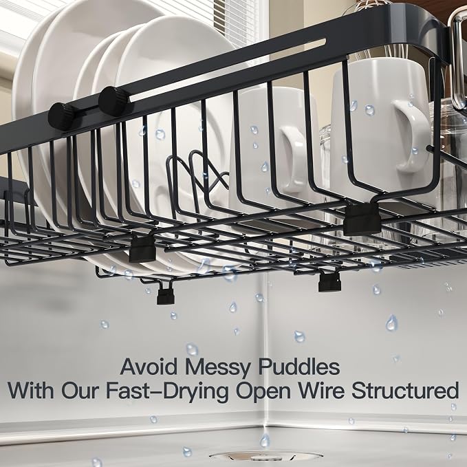 Grey Dish Drying Rack Over The Sink with Utensil Holder, Mat | Expandable Stainless Steel Dish Drainer for Small Kitchen, Apartment, RV, Counter Space Saving, Perfect Fit, Rustproof - Image 4