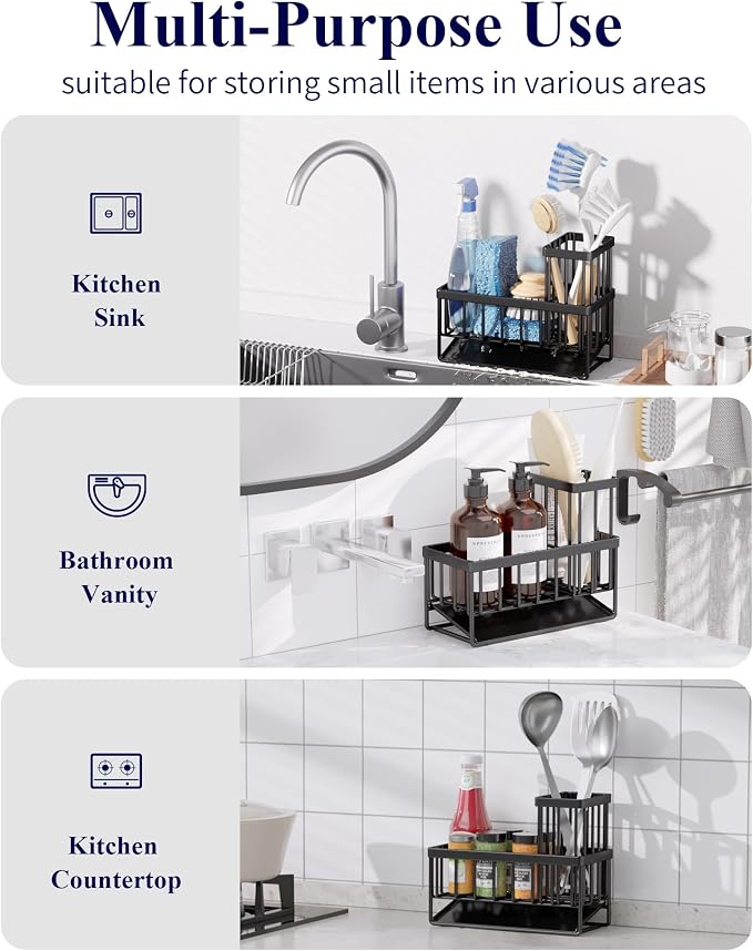 Kitsure Sponge Holder for Kitchen Sink, 7.9"x3.7"x6.2", Black | Kitchen Sink Caddy, Home Decor Accessories, Stainless Steel, High Brush Holder - Image 8