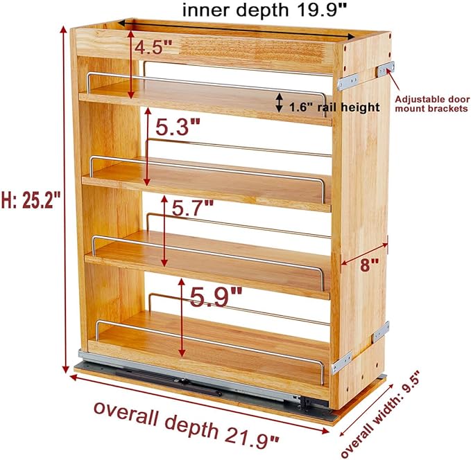 OCG 4 Tier Pull Out Spice Rack Holder Shelves (8" W x 22" D), spice organization for cabinet Storage Organization, pull out spice racks for inside cabinets - Image 2