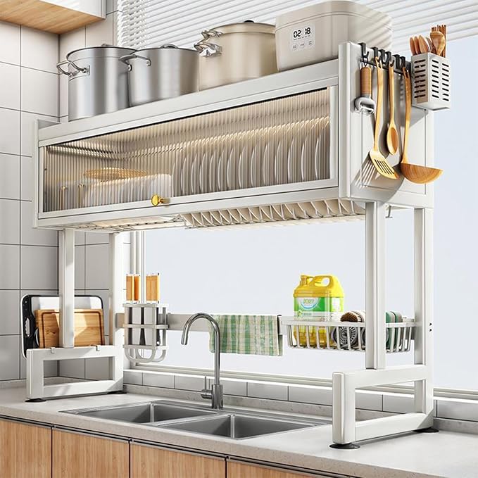 Hdrriozu Over the Sink 3 Tier Dish Drying Rack with Cover, Milkshake White | Rust resistant built last. Easy install simple tools. Holds dishes glasses bowls. Space saving over sink tidy kitchen. - Image 2