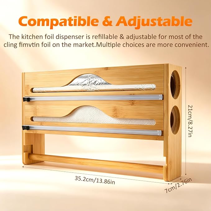 Plastic Wrap Dispenser with Cutter, 3 in 1 Tin Foil Wrap Dispenser Wall-Mounted Organizer for Baking Paper, Wax Paper Holder Kitchen Storage Box (Wood) - Image 4