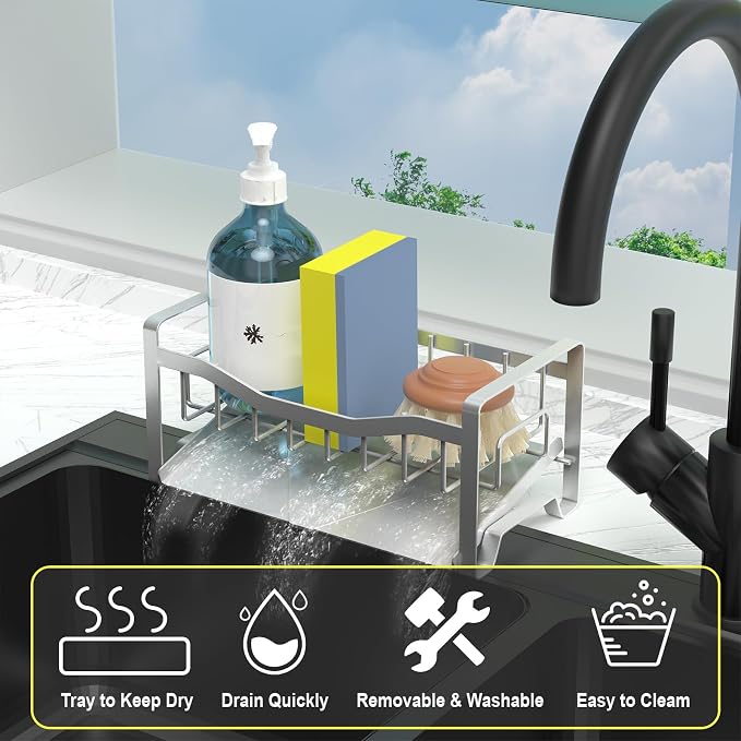 Kitchen Sink Caddy Organizer Sponge Holder for Kitchen Sink with Stainless Steel Auto Drain Tray, Self Drain Dish Soap Sponge Caddy Rack for Countertop Storage Gadgets Silver Grey - Image 3