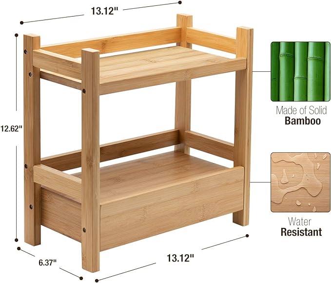 Sorbus 2-Tier Bamboo Countertop Shelf with Hidden Drawer for Vanity, Matcha Shelf, Bathroom Storage Cabinet, Under Sink Organizer, Bathroom Storage, Matcha Station Shelf (13″ L x 6.5″ W x 12.6″ H) - Image 3