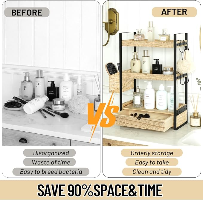 3-Tier Bathroom Counter Organizer with Drawer Basket and Hooks, Wood Bathroom Organizers and Storage for Countertop, Farmhouse Brown Countertop Organizer, Counter Shelf for Vanity, Kitchen,Office - Image 6