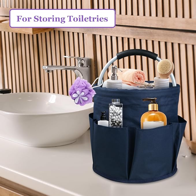 17L Cleaning Caddy with Handle, Portable Shower Caddy in 600D Oxford Fabric, Bucket Tool Organizer with 6 Side Pockets, Collapsible Storage Basket for Cleaning, Camping, Navy Blue - Image 5