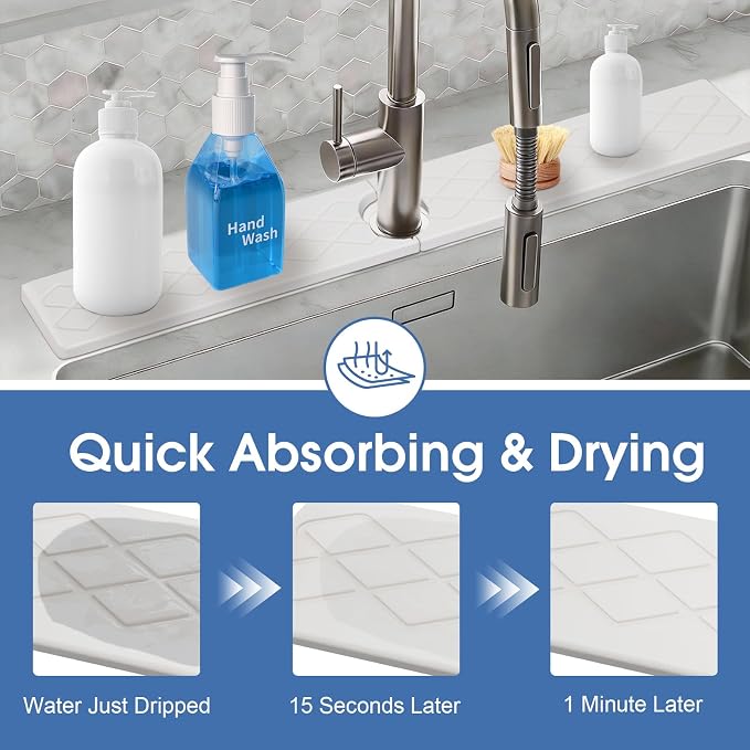 Kitchen Sink Mat, Stone Faucet Mat for Kitchen Sink with Raised Feet, Water Absorbing Stone Tray for Sink, Faucet Splash Guard, Kitchen Accessories, Matte white, 15.8" x 4" - Image 4