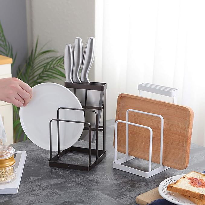 VANRA Metal Knife Block Without Knives, Multifunctional Knife Holder with 2 Layers Cutting Board Rack Dish Rack, Kitchen Storage Organizer,White - Image 7