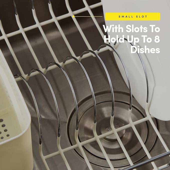 Dish Drying Rack & Cutlery Holder 2 Piece Set - Compact Sink-Fitting Dish Drainer with Rubberized Undercoating, Space-Saving Kitchen Organizer for Plates, Cups, Bowls & Utensils in Sink, Ivory - Image 5