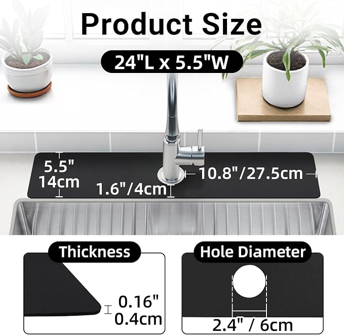 LOPNUR Cuttable Faucet Mat for Kitchen Sink, Long 24x5.5 Inch, Black | Super Absorbent & Fast Dry Diatomite Sink Splash Guard, 0.8-2.4 Inch Adjustable Faucet Hole, Cut to Fit Bathroom & RV Sinks - Image 2