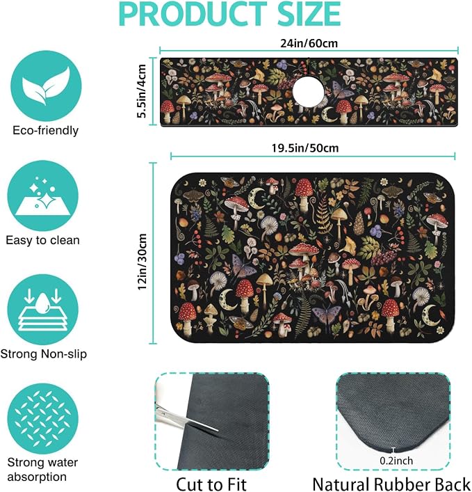 Dish Drying Mat for Kitchen Counter Matt, 2PCS 19"x12" Dish Drainer Mat & 24"x5.5" Sink Splash Guard, Super Absorbent Non-slip Rubber Backed - Image 2