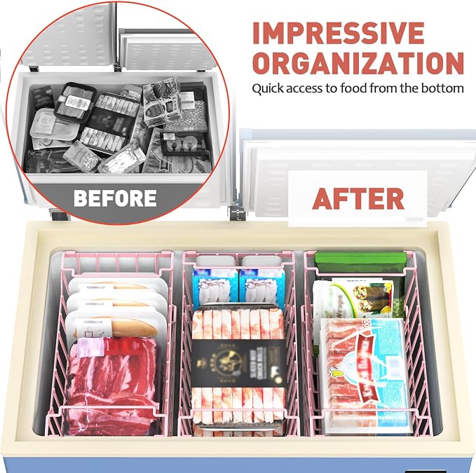 Goovilla Freezer Organizer Bins for 5-7 Cu.FT Chest Freezer, 8 Pack Pink | Foldable Handle Stackable Freezer Baskets, Coated Metal Freezer Storage Bins with Better Space Utilization, Deep Organization - Image 4