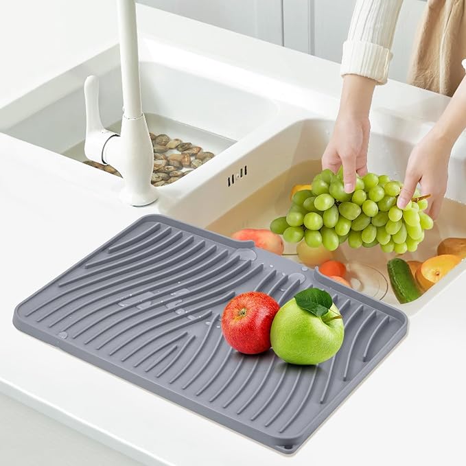 TIKNIK Silicone Dish Drying Mat for Kitchen Counter, Grey-1pcs, 20" x 15" | Heat Resistant & Non-Slip Dish Drain Pad with Built-In Drain, Dishwasher Safe, Quick-Dry, Hangable & Roll-Up for Storage - Image 4