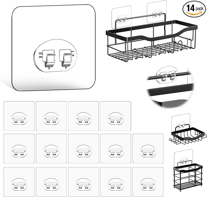 14 Pack Shower Caddy Adhesive Replacement, Waterproof Strong Hooks for Shower Caddy, No Drilling Bathroom Storage Shelves, Soap Holder, and Kitchen Racks (Clear 1 Hooks) by HAOBAOBEI