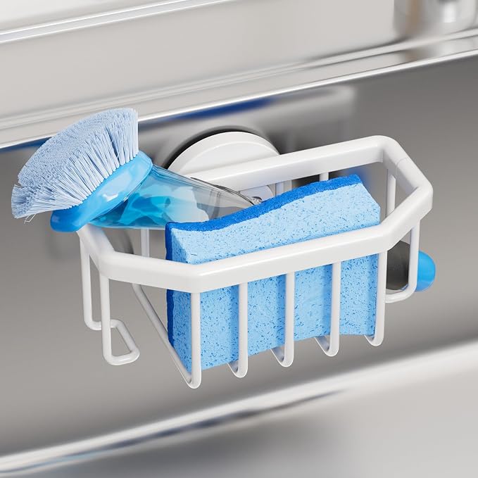 TAILI Sink Caddy with Strong Suction Cup, Sponge Holder for Sink-White | for Kitchen Sink Organizer, Removable Sponge Caddy Inside Sink, Rustproof Aluminum Holder for Sponges, Brushes, Scrubber by TAILI