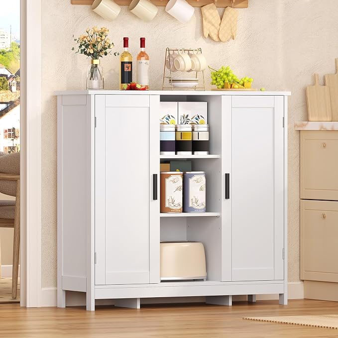 Iwell Storage Cabinet with 2 Doors and 4 Storage Shelves, Buffet Cabinet, Bathroom Cabinet for Living Room, Entryway, Home Office, White - Image 2