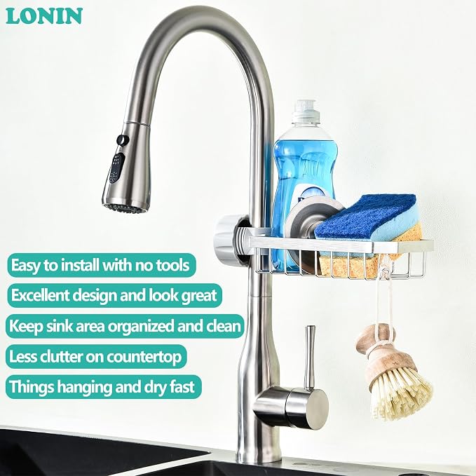 LONIN Sponge Holder Over Faucet Kitchen Sink Caddy Organizer, Stainless Steel Sink Rack for Sponge, Brush and Soap, Quick Drain Hanging Faucet Holder - Image 4