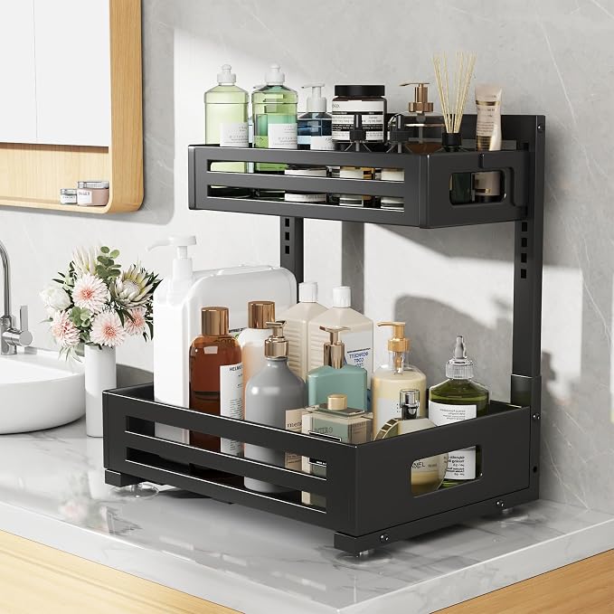 1 Pack Under Sink Organizer,Pull Out Cabinet Organizer with Smooth Cylindrical Rail,Metal Slide Out Drawer for Kitchen Bathroom Laundry Cabinet,8-Level Tool Free Height Adjustable-Black - Image 7
