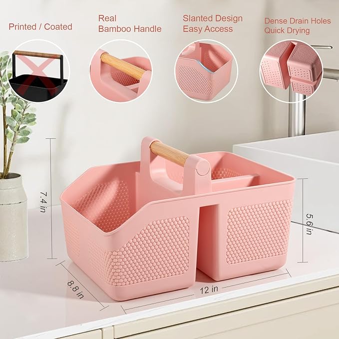 Plastic Shower Caddy Portable Shower Basket with Bamboo Handle, Pink | Cleaning Caddy Organizer Storage Tote for Bathroom, College Dorm Essentials, Bath Toy Storage - Image 2