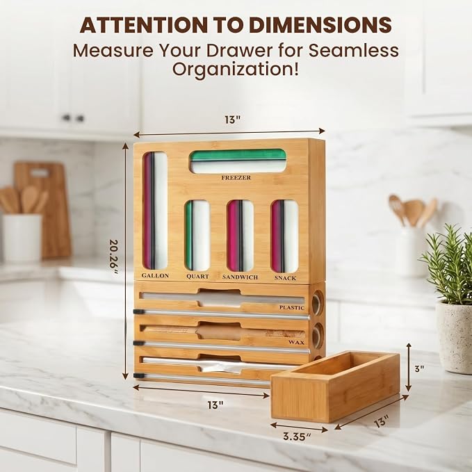 9 in 1 Storage Bag Organizer for Kitchen Drawer, Bamboo Foil and Plastic Wrap with Cutter, Ziplock Bag Organizer for Quart, Gallon, Sandwich & Snack Bags - Aluminum Foil Organizer - Image 2