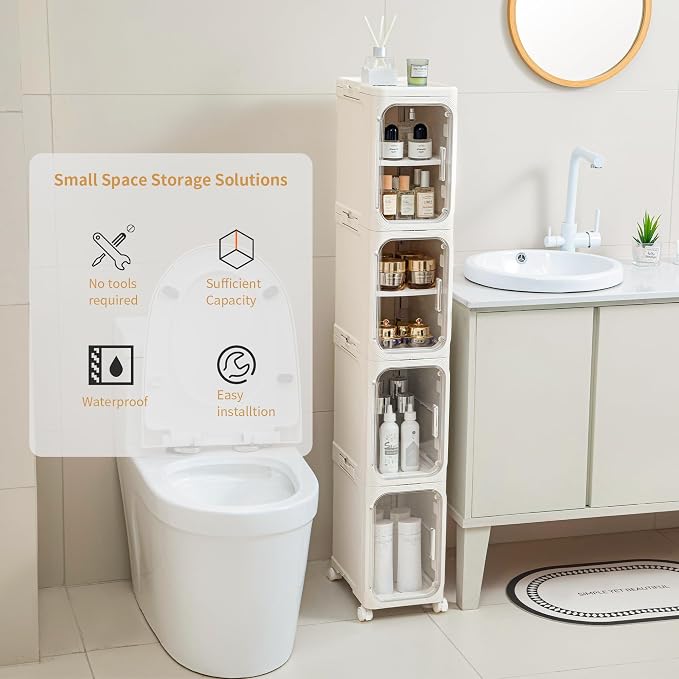 3-Tier Slim Narrow Bathroom Storage Cabinet, Cream White | Tool Free Assembly, Adjustable Shelves, Fits for Narrow Spaces, Reinforced Stability, Magnetic Clear Door - Image 3