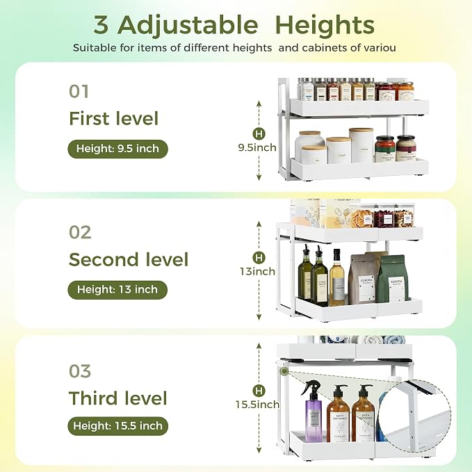 Abalter Expandable Pull Out Cabinet Organizer(12-18.5" W x 21" D), 2-Tier Slide Out Drawer for Kitchen Cabinets, Slide Out Shelves for Kitchen Countertop, Bathroom, Pantry, Heavy Duty Caddy(White) - Image 6