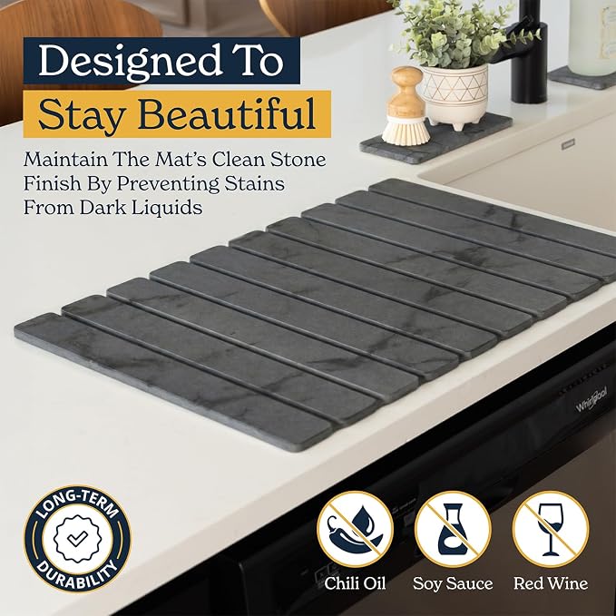 Oleex 3-Pack Stone Dish Drying Mat Set Includes 1 Large 24”x16” & 2 Small 4”x9” for Kitchen Counter-Collapsible Diatomaceous Earth Pad Absorbs Water & Dries Dishes Fast, Non-slip, Odor-Resistant Mats - Image 7
