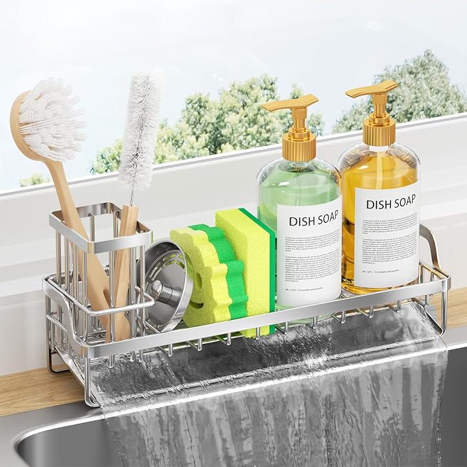 Consumest Sponge Holder for Kitchen Sink - Sink Caddy with Stainless Steel Self Drain Tray, Sink Organizer with High Brush Holder Countertop for Kitchen Sink Accessories, Silver-Extra Large by Consumest