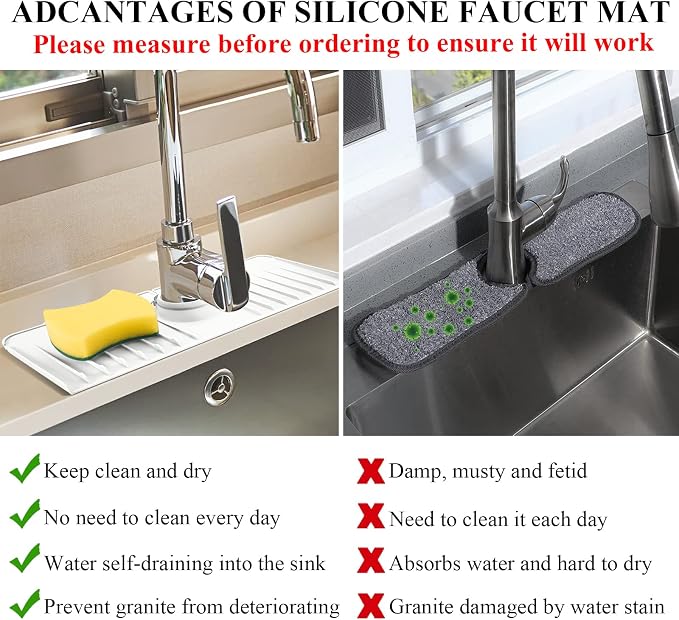 YATOISUR Sink Splash Guard 14.4” x 5.4” - Sink Faucet Mat with Faucet Water Catcher Mat & Soap Dish & Sponge Holder 3 in 1 - Silicone Faucet Handle Drip Catcher Tray for Kitchen RV & Bar Faucet, White - Image 6
