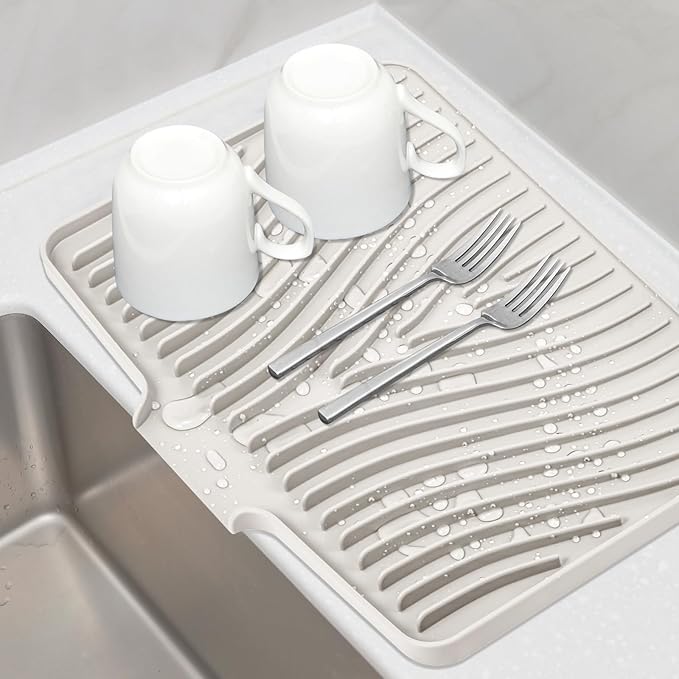 TIKNIK Silicone Dish Drying Mat for Kitchen Counter, Cream-1pcs, 16" x 12" | Heat Resistant & Non-Slip Dish Drain Pad with Built-In Drain, Dishwasher Safe, Quick-Dry, Hangable & Roll-Up for Storage by TIKNIKHomeOutdoor