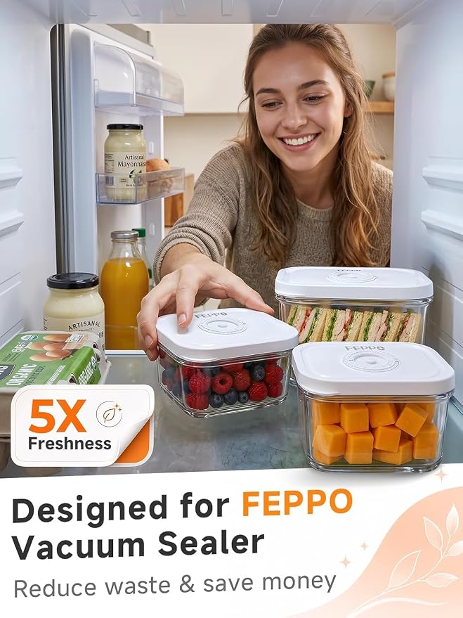 FEPPO Vacuum Sealers Containers for Food Storage, 3 Pcs Set [1* Small, 1* Medium, 1* Large] Works with Handheld Compact Vacuum Sealer Machine for Fridge, Freezer & Pantry, BPA-Free, Date Tracking Lid - Image 2