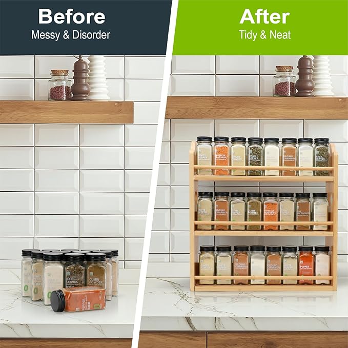 3-Tier Bamboo Spice Rack, Wall Mount & Countertop Spice Organizer | Seasoning Jars Rack Shelf Spice Organizer for Kitchen, Spice Storage Holder with handles, Front and Rear Protective Design - Image 4