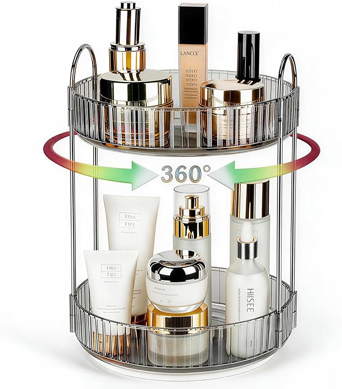 360 Rotating Makeup Organizer, 2 Tier Lazy Susan Bathroom Counter Organizer, Skincare Organizers, Spinning Perfume Organizer & Vanity Organizer Countertop (Classic Grey, 2 Tier) by Niluks