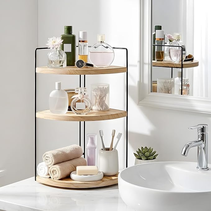 Corner Bathroom Counter Organizer Countertop Brown, 2 Pack 3 Tier Corner Shelf Wood Vanity Tray Easy Assembly Space Saving Shelf for Kitchen, Bathroom, Dresser, Makeup, Office - Image 7