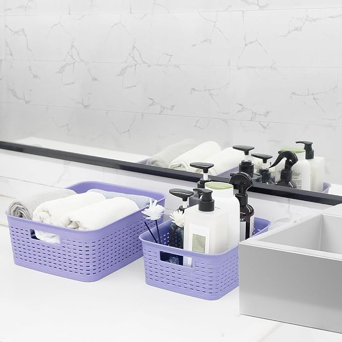 Plastic Storage Baskets for Cabinets, Household Pantry Organization with Handle,Organizer Bins for Room,Bathrooms,Under-Sink,Kitchen (Purple, S-3PACK) - Image 4