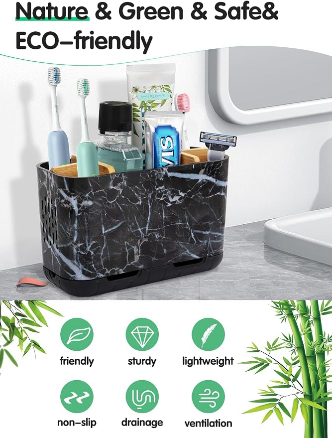 GFWARE Marble Toothbrush Holders with Drainage, Bathroom Organizer, Large | 5 Slots Toothbrush and Toothpaste Holder with Bamboo Divider, Kids Electric Toothbrush Holder for Bathroom, Marble-Look - Image 2