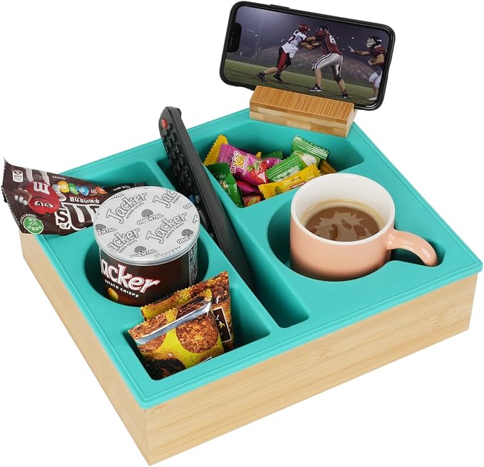 Couch Cup Holder Tray, Handy Silicone Bamboo Couch Caddy with Rotatable Phone Holder for Bed Car Seat Organizer, Waterproof Anti-Spill Couch Drink Holder for Snacks Beverage Remote (Green) by Hitseon
