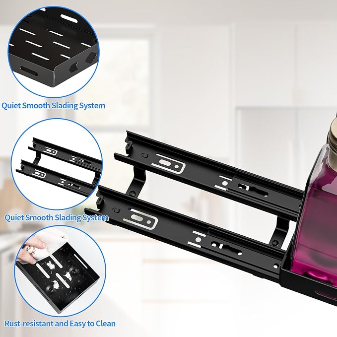 BOIVSHI 1 Tier Pull Out Spice Rack, 4.2" Wx10.5 Dx2.8 H | Narrow Spice Rack for Small Cabinet Spaces, Easy to Assemble Seasoning Rack for Cabinet, Kitchen, Pantry, Black - Image 8