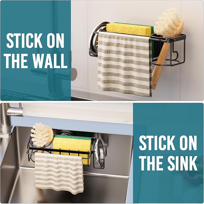 TAILI 4-in-1 Sink Sponge Holder for Kitchen with Strong Suction Cup-Black | Removable Sink Caddy with Suction Cup, Rustproof 304 Stainless Steel Multi-compartment Sink Organizer for Sponge, Brushes - Image 7