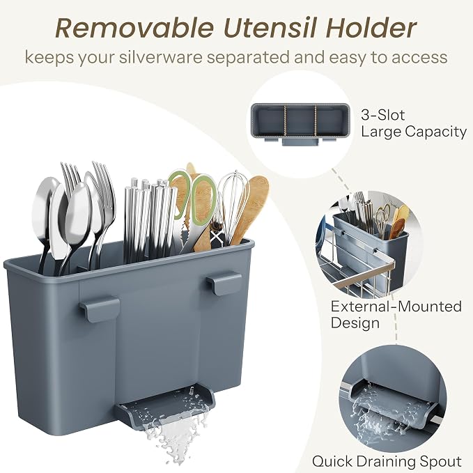 SNTD Dish Drying Rack for Small Kitchen Counter, 11" W x 15" L, Silver | Space Saving, Rotating Spout & Angled Drainboard for Quick Drainage, Stainless Steel, Removable Utensil Holder - Image 7