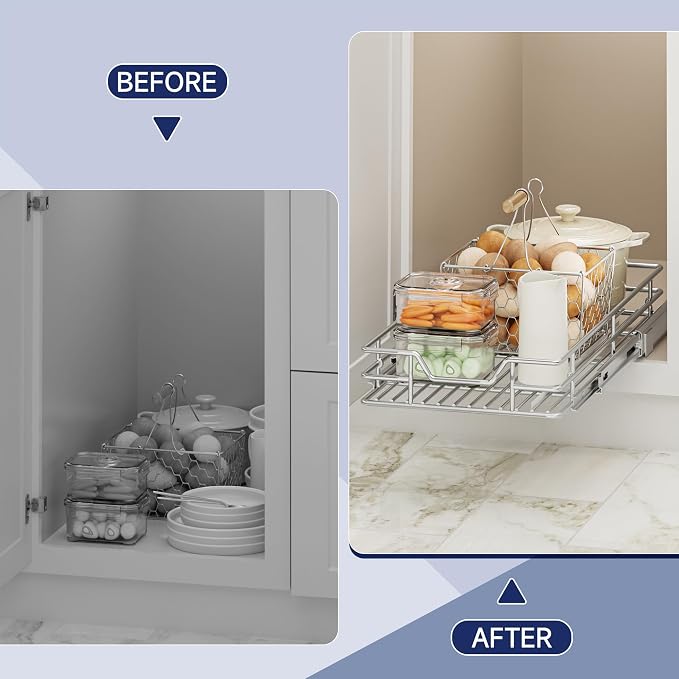Pull Out Cabinet Organizer, 10.5" W x 18" D, Heavy Duty Chrome Slide Out Shelf for Narrow Base Cabinets, Sliding Wire Basket Drawer for Spices, Bottles, Snacks & Cleaning Supplies - Image 8