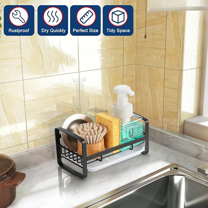 HULISEN Kitchen Sponge Holder, 304 Stainless Steel Sink Caddy, Black | Removable Drain Tray, Holds Sponges Soap Bottles Brushes, Countertop Storage, No Dispenser or Brush - Image 8
