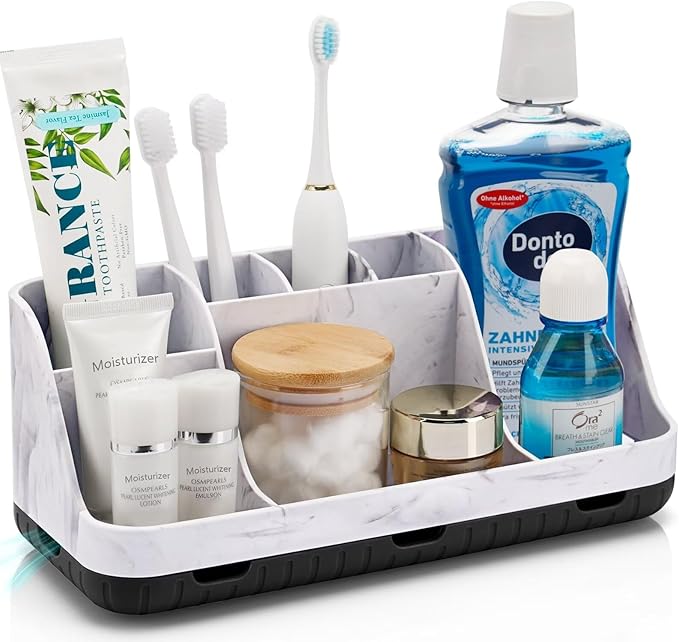 GFWARE Marble Bathroom Countertop Organizer - Detachable 7 Slots Kids Electric Toothbrush and Toothpaste Holde Drainage for Bathroom Accessories Organization Counter Vanity Storage, Black | Detachable 7 Slots Kid Electric Toothbrush and Toothpaste Hold... by GFWARE