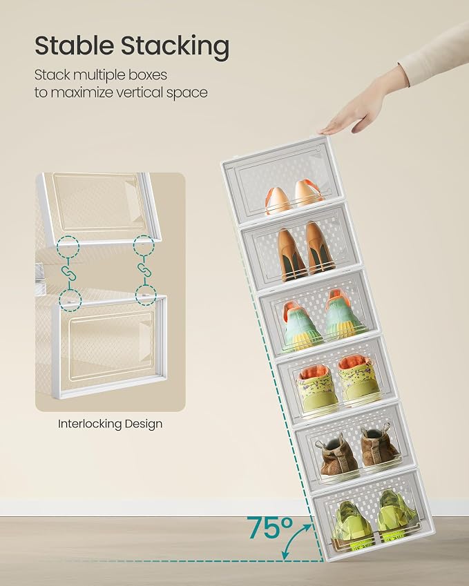 SONGMICS Shoe Boxes, Pack of 15 Shoe Storage Organizers, Stackable Clear Plastic Boxes for Closet, Sneakers, 13.1 x 9.1 x 5.6 Inches, Transparent and White ULSP015W02 - Image 3