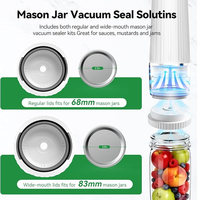 80kPa Mason Jar Vacuum Sealer with 30 Mason Lids for Food Storage | 2000mAh Vacuum Sealer Machine, Cordless & Rechargeable Mason Jar Vacuum Sealer for Food Storage,canning lids for 68/83mm - Image 4