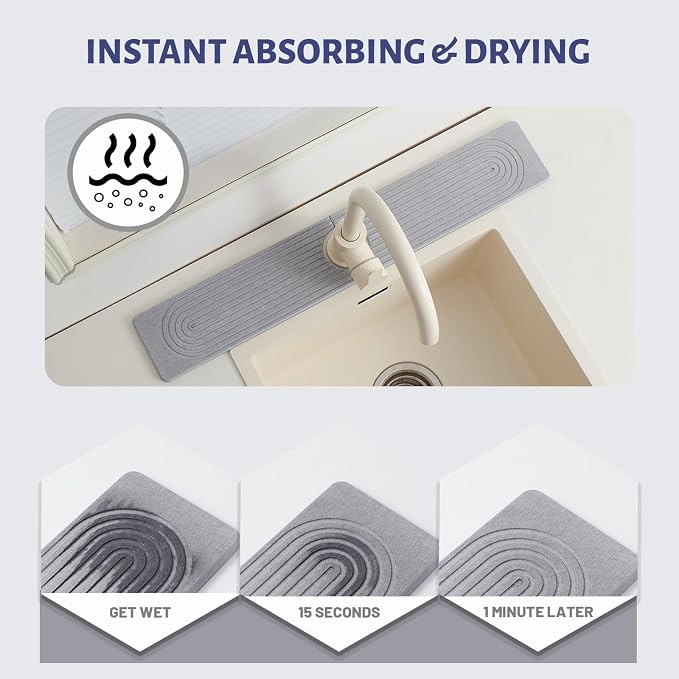 Fast Drying Stone Faucet Mat for Kitchen Sink with Raised Feet | Sink Splash Guard Water Absorbing Stone Tray for Sink, Counter Protector Matt for Kitchen & Bathroom - Image 3